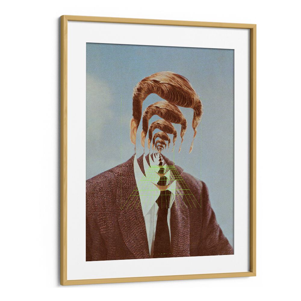 HELLO M, SURREAL ART PRINTS showcase a stunning surrealist design featuring a man in a tie, framed elegantly.