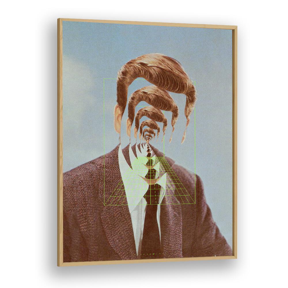 Intricate design of a man in a tie, showcasing HELLO M, SURREAL ART PRINTS in a stylish oak wood frame.