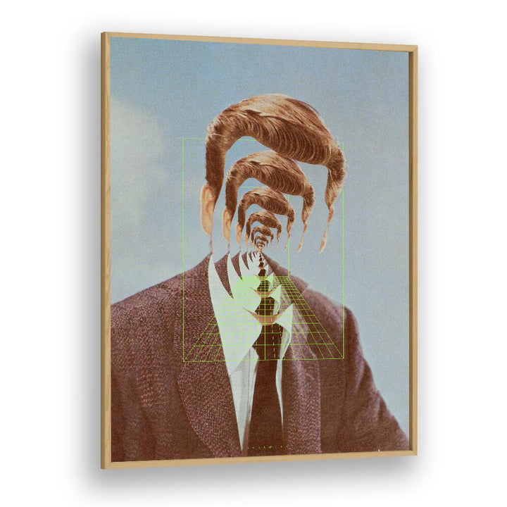 Intricate design of a man in a tie, showcasing HELLO M, SURREAL ART PRINTS in a stylish oak wood frame.