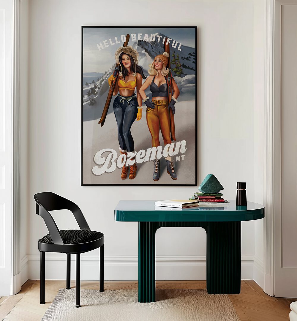 Vibrant HELLO BEAUTIFUL, PORTRAITS featuring Bozeman's Ski Pinup Girls brings winter charm to your space.