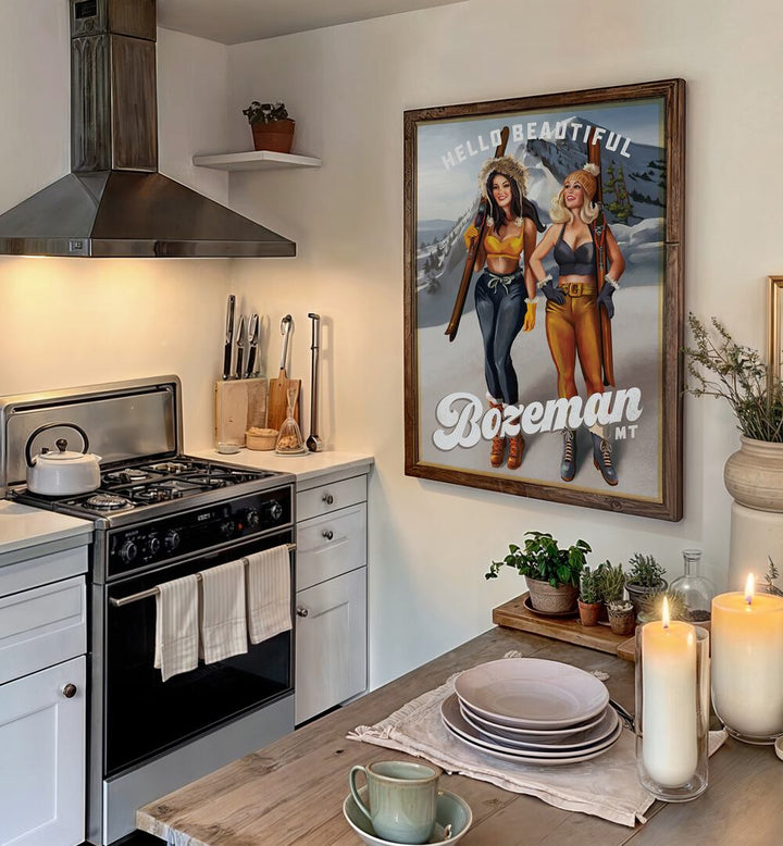Stunning HELLO BEAUTIFUL, PORTRAITS featuring Bozeman ski pinup girls, adding charm to your winter decor.