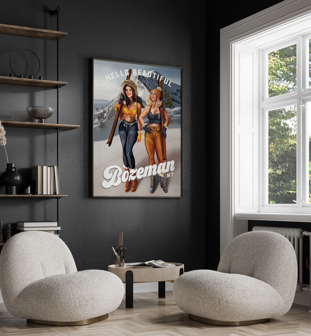 Bozeman's HELLO BEAUTIFUL, PORTRAITS showcase vibrant ski pinup girls in a charming winter setting.