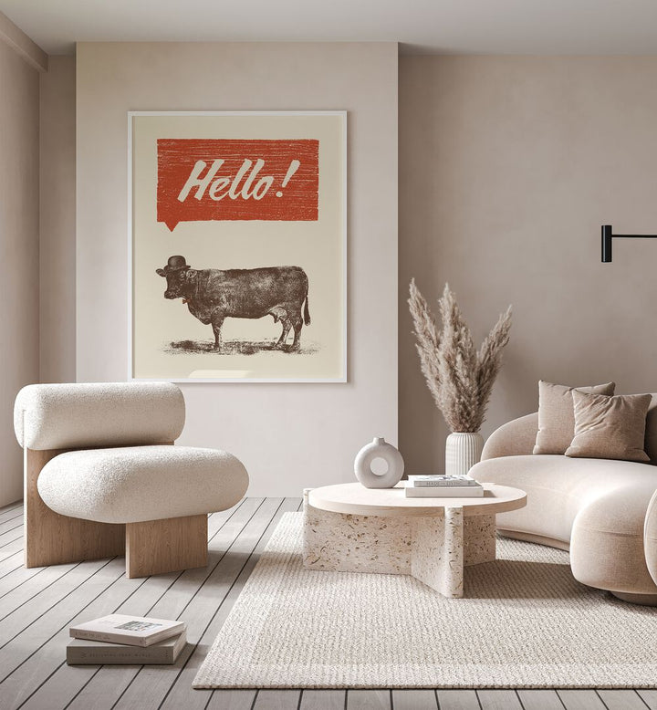 Hello, Quotes typography poster featuring a charming cow, perfect for adding a touch of whimsy to your decor.