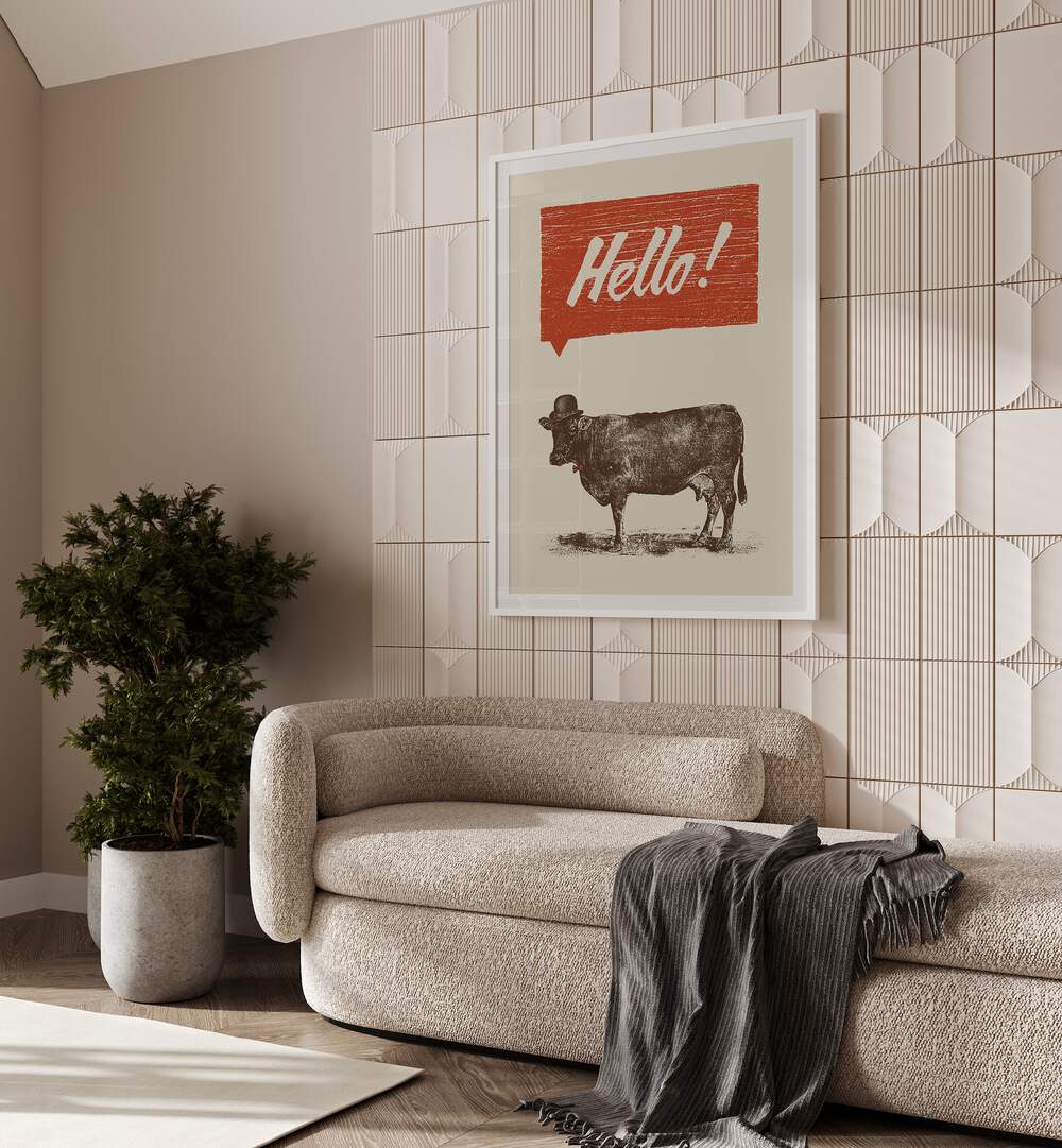 HELLO, QUOTES poster featuring a charming cow, perfect for nature lovers seeking vibrant decor in their homes.