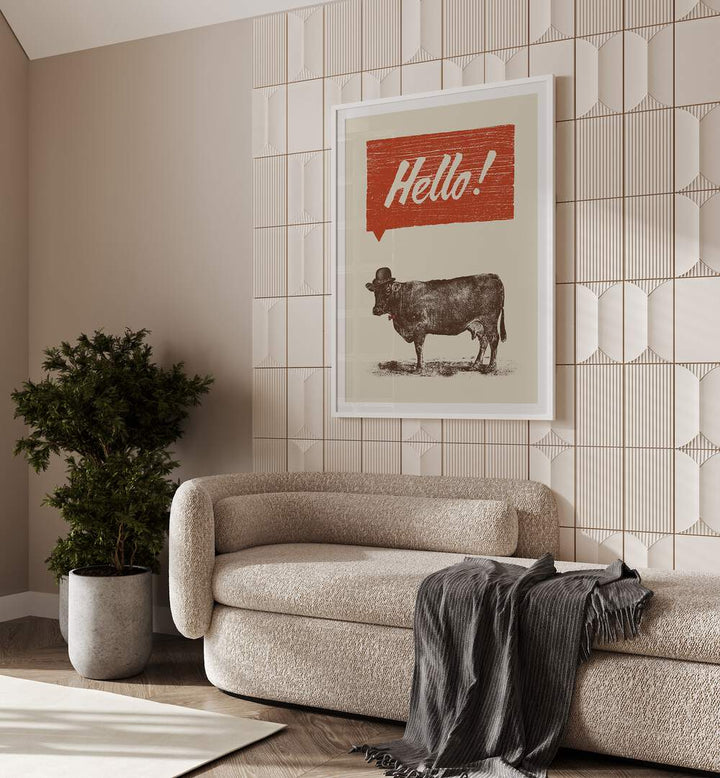 HELLO, QUOTES poster featuring a charming cow, perfect for nature lovers seeking vibrant decor in their homes.