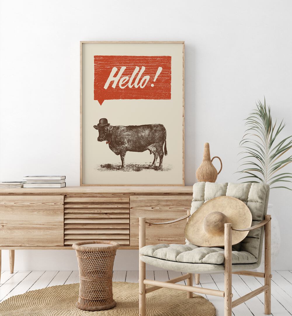 Stylish HELLO, QUOTES poster featuring a cow, perfect for nature lovers and home decor enthusiasts.