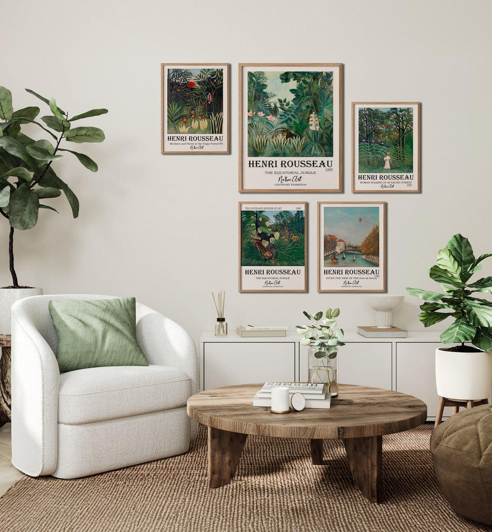 Stylish HENRI ROUSSEAU GALLERY WALL showcasing framed art inspired by Rousseau's jungle themes for elegant gallery walls.
