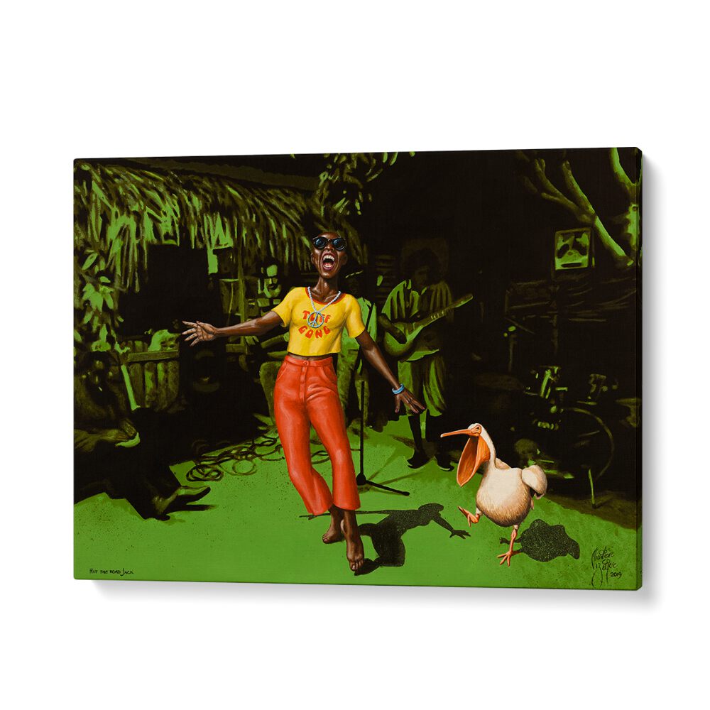 Vibrant "Hit the Road Jack" African art painting by Christian Beijer, perfect for transforming your space.