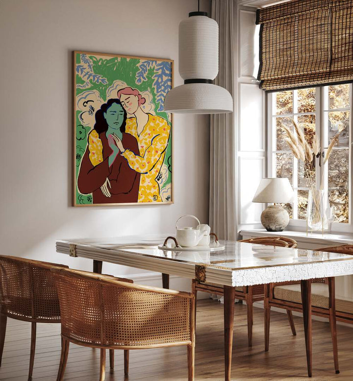 Vibrant art print titled "HOLDING HANDS, VIBRANT" showcasing connection and love in a stylish interior setting.
