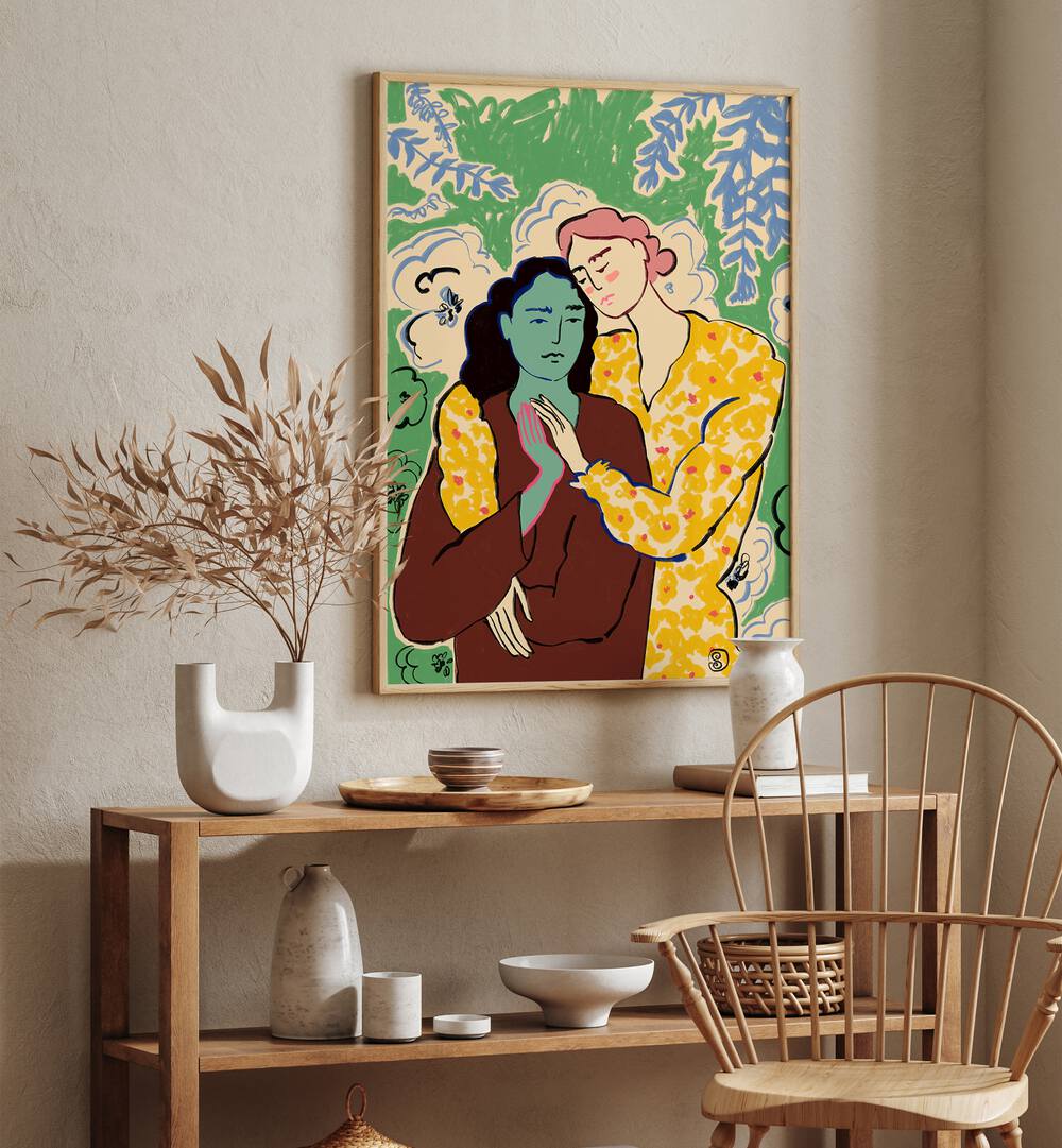 Vibrant art print showcasing two figures holding hands, celebrating love and connection in a stylish setting.