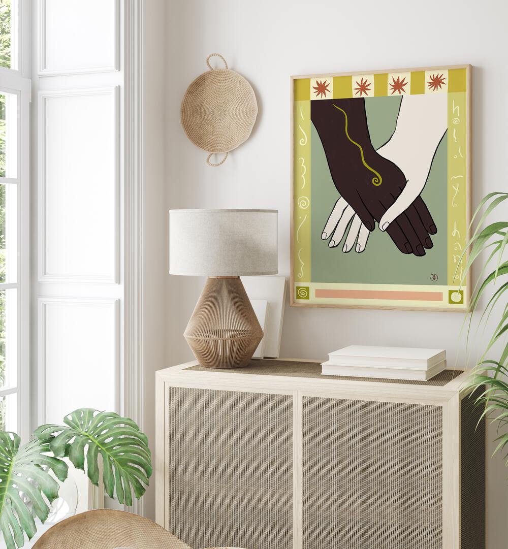 Transform your space with HOLDING HANDS II, VIBRANT art print, showcasing connection and love in vivid colors.