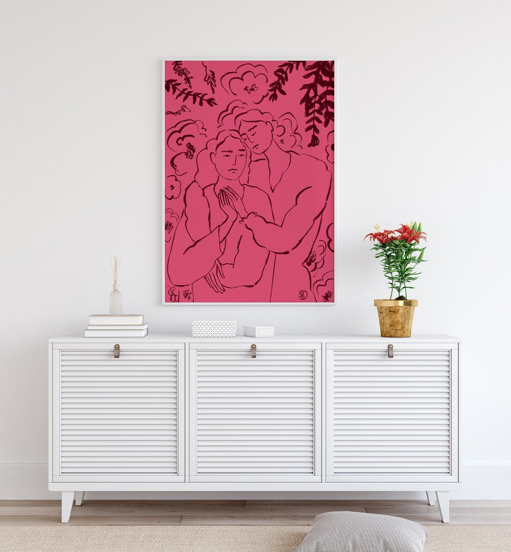 Vibrant art print of two figures holding hands, showcasing HOLDING HANDS PINK, VIBRANT for a striking decor statement.
