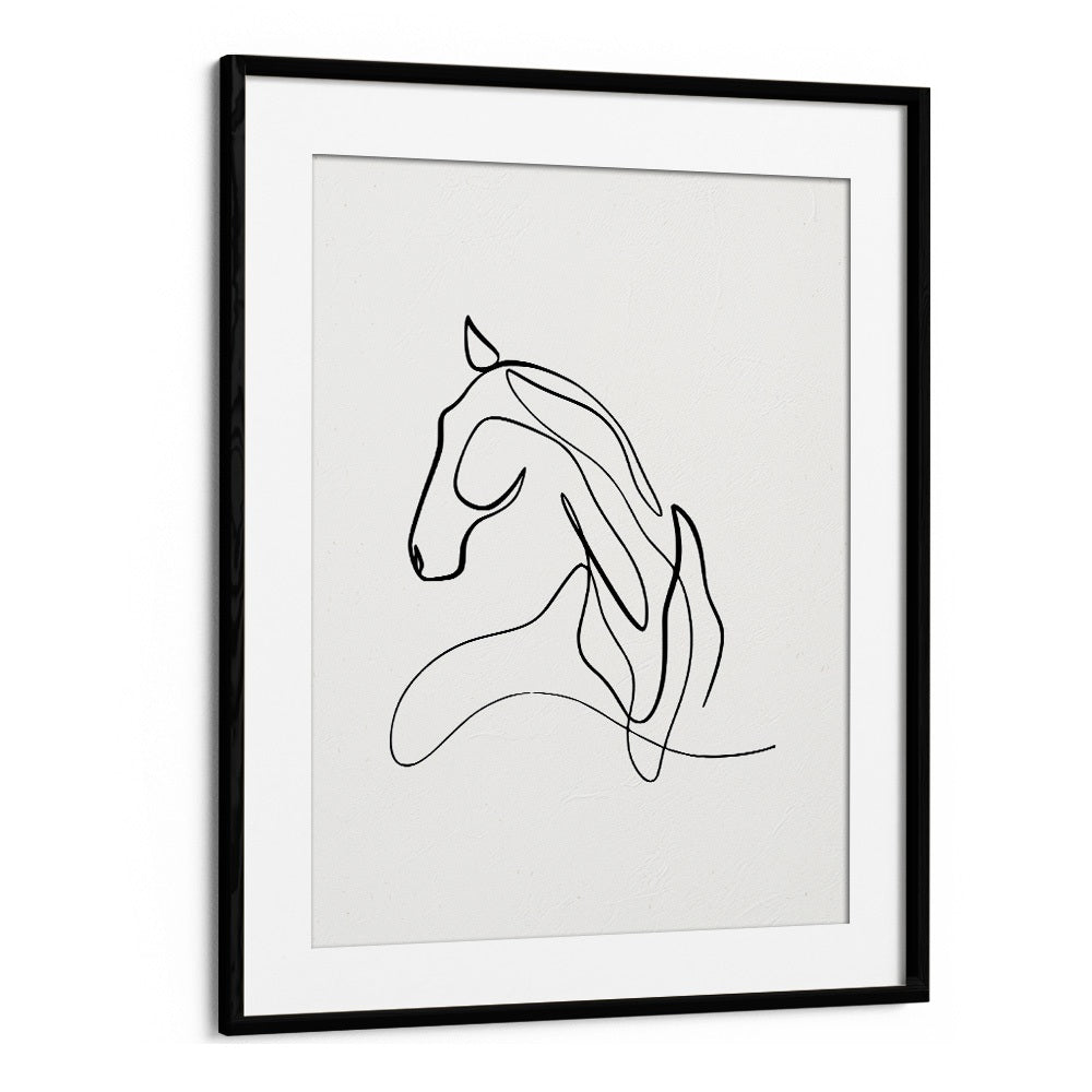 Elegant HORSE AT REST, LINE ART PAINTINGS in a sleek black frame, showcasing serene minimalist design. Perfect for decor.