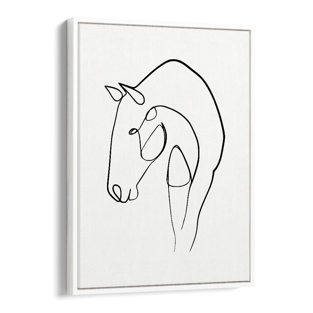 Elegant HORSE STABLE , LINE ART PAINTINGS showcasing minimalist equestrian beauty in a sleek white floater frame.