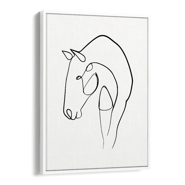 Elegant HORSE STABLE , LINE ART PAINTINGS showcasing minimalist equestrian beauty in a sleek white floater frame.
