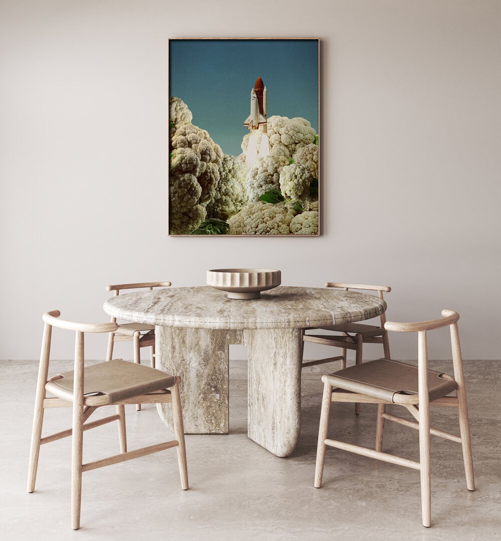 Surreal art print "HOUSTON WE HAVE CAULIFLOWER" features a rocket soaring through a cloud of cauliflower.