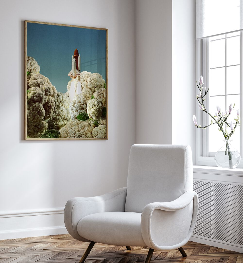 Surreal art print featuring a rocket launch amidst cauliflower clouds, titled HOUSTON WE HAVE CAULIFLOWER.
