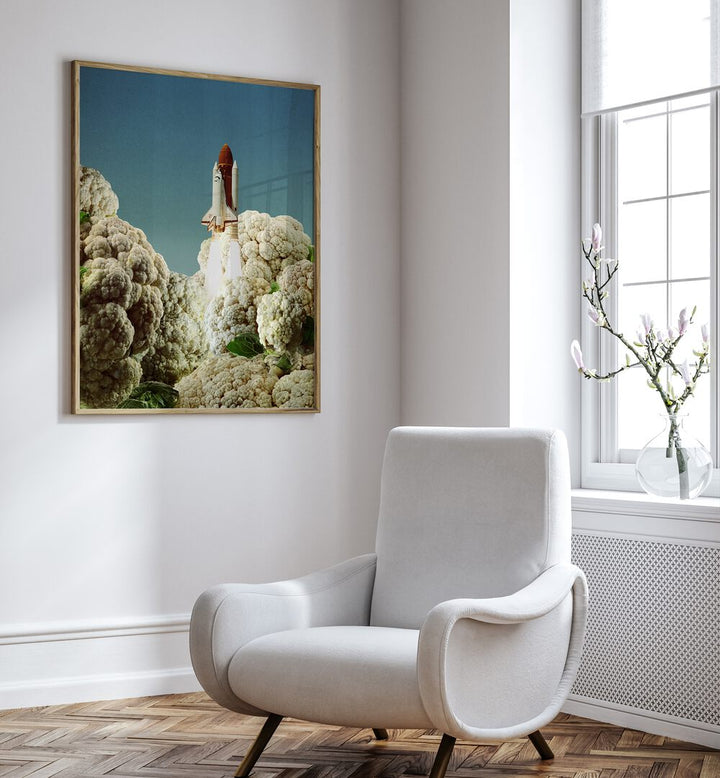 Surreal art print featuring a rocket launch amidst cauliflower clouds, titled HOUSTON WE HAVE CAULIFLOWER.