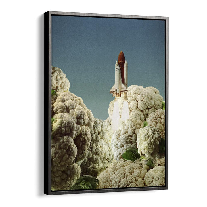 Surreal art print "HOUSTON WE HAVE CAULIFLOWER" features a rocket launching amid vibrant cauliflower clouds.