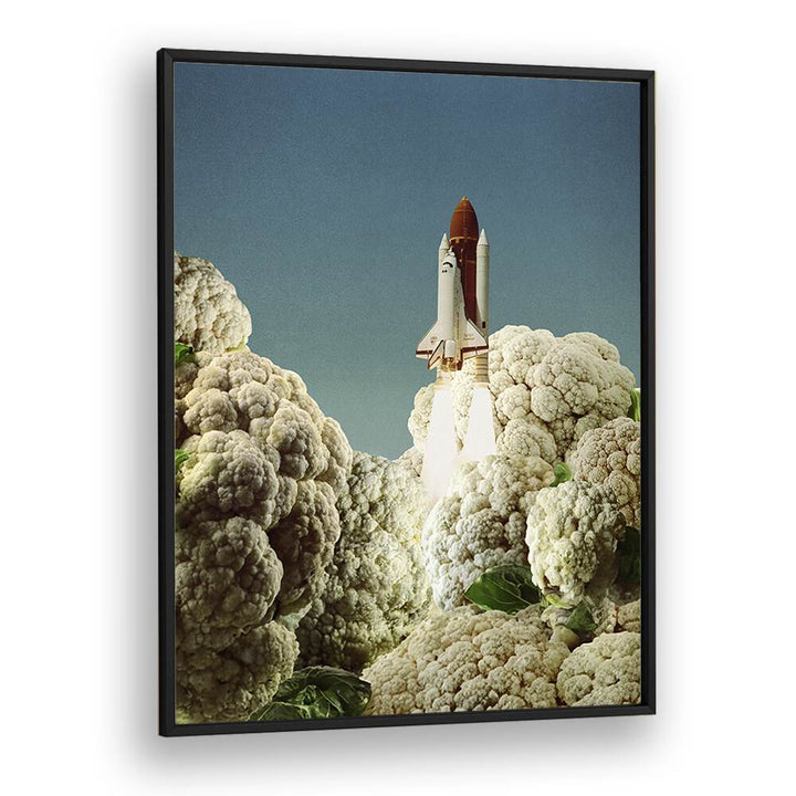 Surreal art print "HOUSTON WE HAVE CAULIFLOWER" features a rocket taking off from a cauliflower landscape.