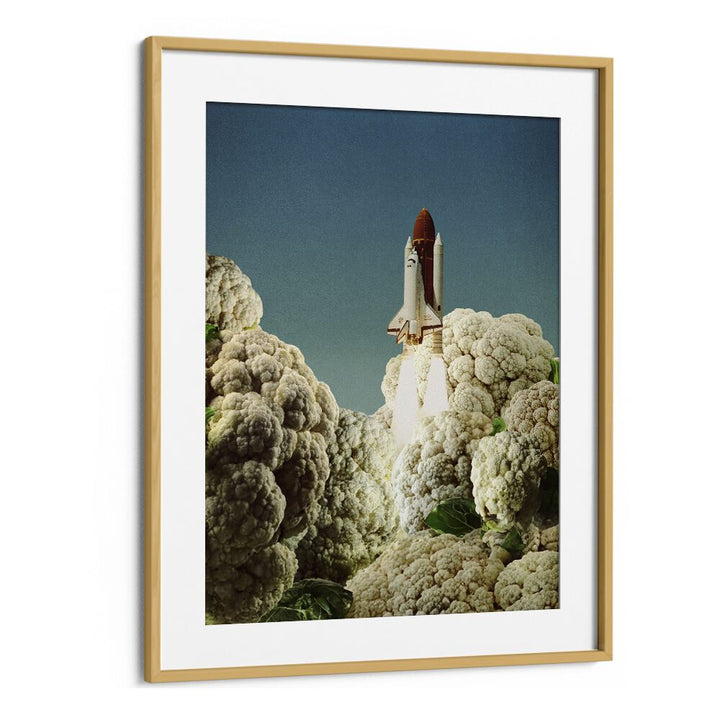 Surreal art print "Houston We Have Cauliflower" features a rocket taking off amid vibrant cauliflower clouds.