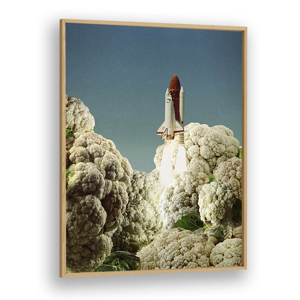 Surreal art print featuring a rocket taking off from cauliflowers, titled HOUSTON WE HAVE CAULIFLOWER, SURREAL ART PRINTS.