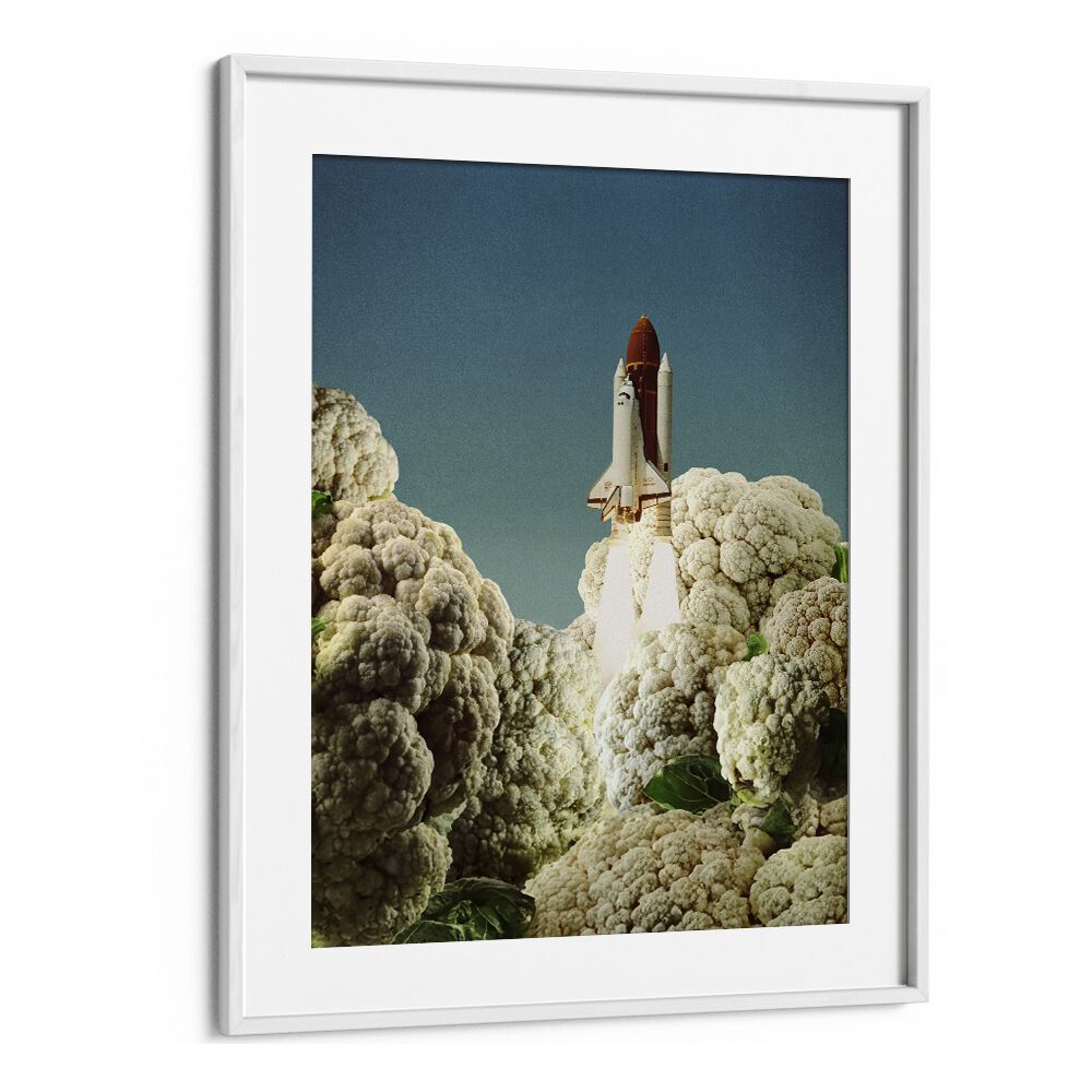 Surreal art print "HOUSTON WE HAVE CAULIFLOWER" features a rocket launching among cauliflower clouds. Perfect for unique decor!