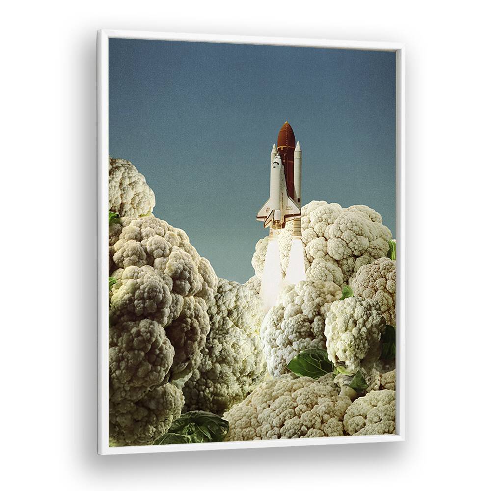 Surreal art print "HOUSTON WE HAVE CAULIFLOWER" features a rocket launching from a cloud of cauliflower.