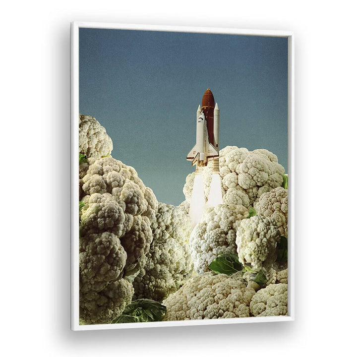 Surreal art print "HOUSTON WE HAVE CAULIFLOWER" features a rocket launching from a cloud of cauliflower.
