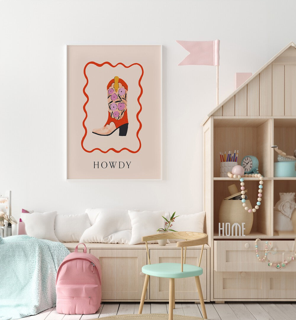 Brightly colored HOWDY II, COWBOY painting featuring a stylish cowboy boot, perfect for modern Americana decor.