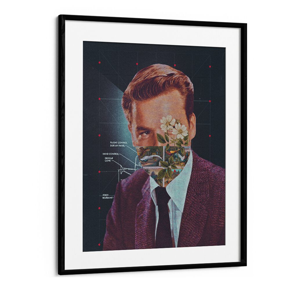 HUMANIOD, SURREAL ART PRINTS by Space Rocket Art showcase a striking face collage in a modern black frame.