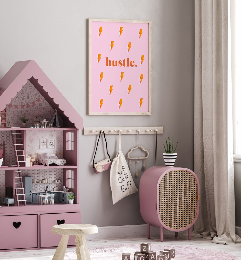 Bright pink HUSTLE, FASHION POSTERS featuring lightning bolts, perfect for stylish home or office decor.