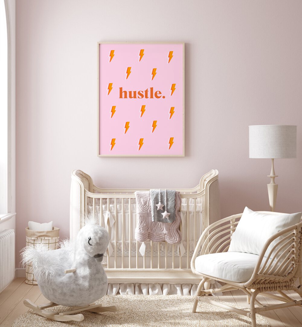 Bright pink HUSTLE, FASHION POSTERS with lightning bolts, perfect for adding style and inspiration to any space.