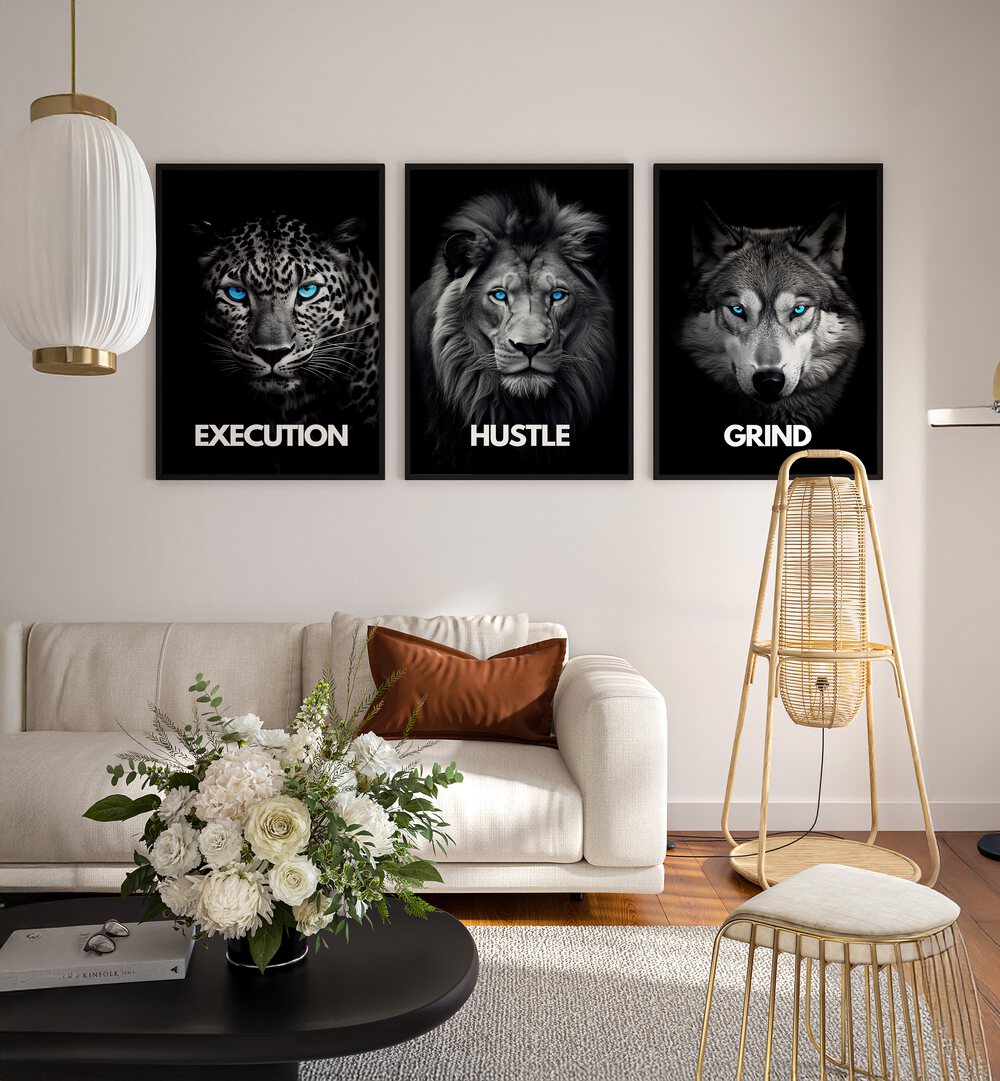 HUSTLE SET, SET OF 3 PAINTINGS featuring bold themes of Execution, Hustle, and Grind to energize your space!