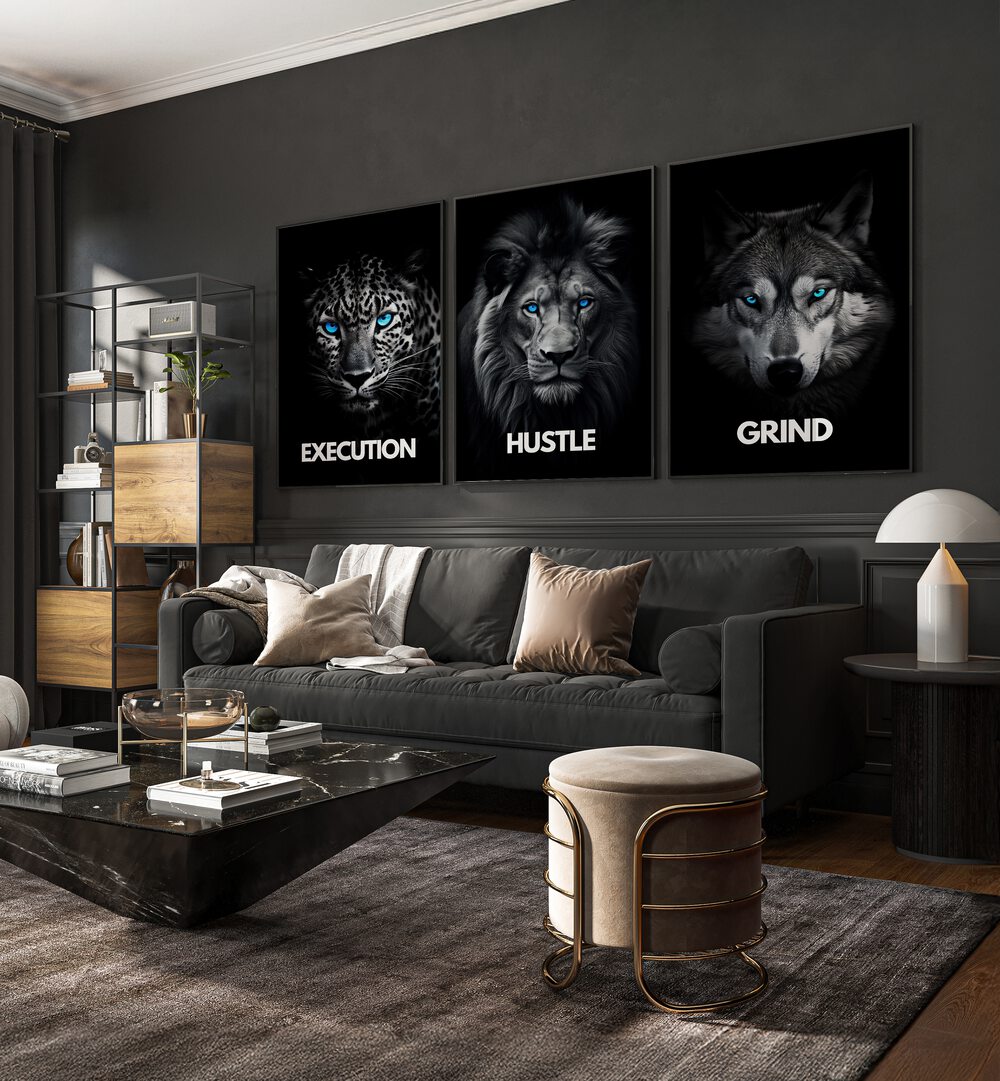 HUSTLE SET, SET OF 3 PAINTINGS showcases bold artwork featuring themes of Execution, Hustle, and Grind for motivation.