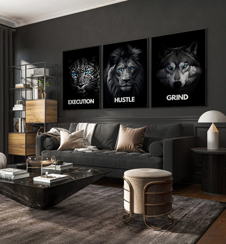 HUSTLE SET, SET OF 3 PAINTINGS showcases bold artwork featuring themes of Execution, Hustle, and Grind for motivation.