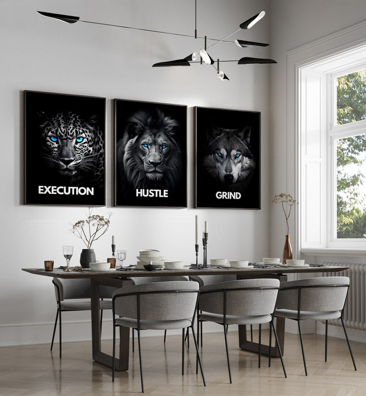 Transform your space with the HUSTLE SET, SET OF 3 PAINTINGS featuring "Execution," "Hustle," and "Grind."