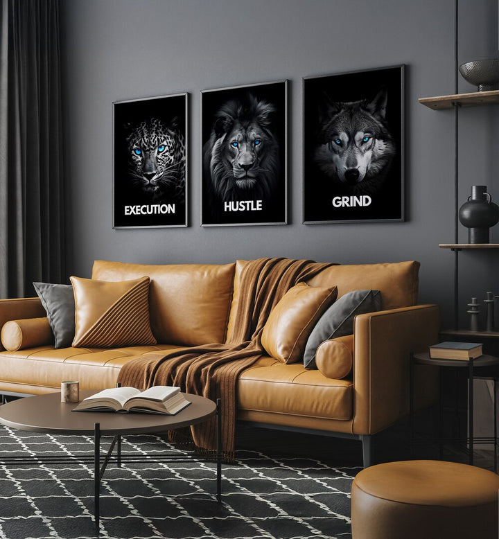 HUSTLE SET, SET OF 3 PAINTINGS featuring "Execution," "Hustle," and "Grind" to energize your space. Perfect motivation!