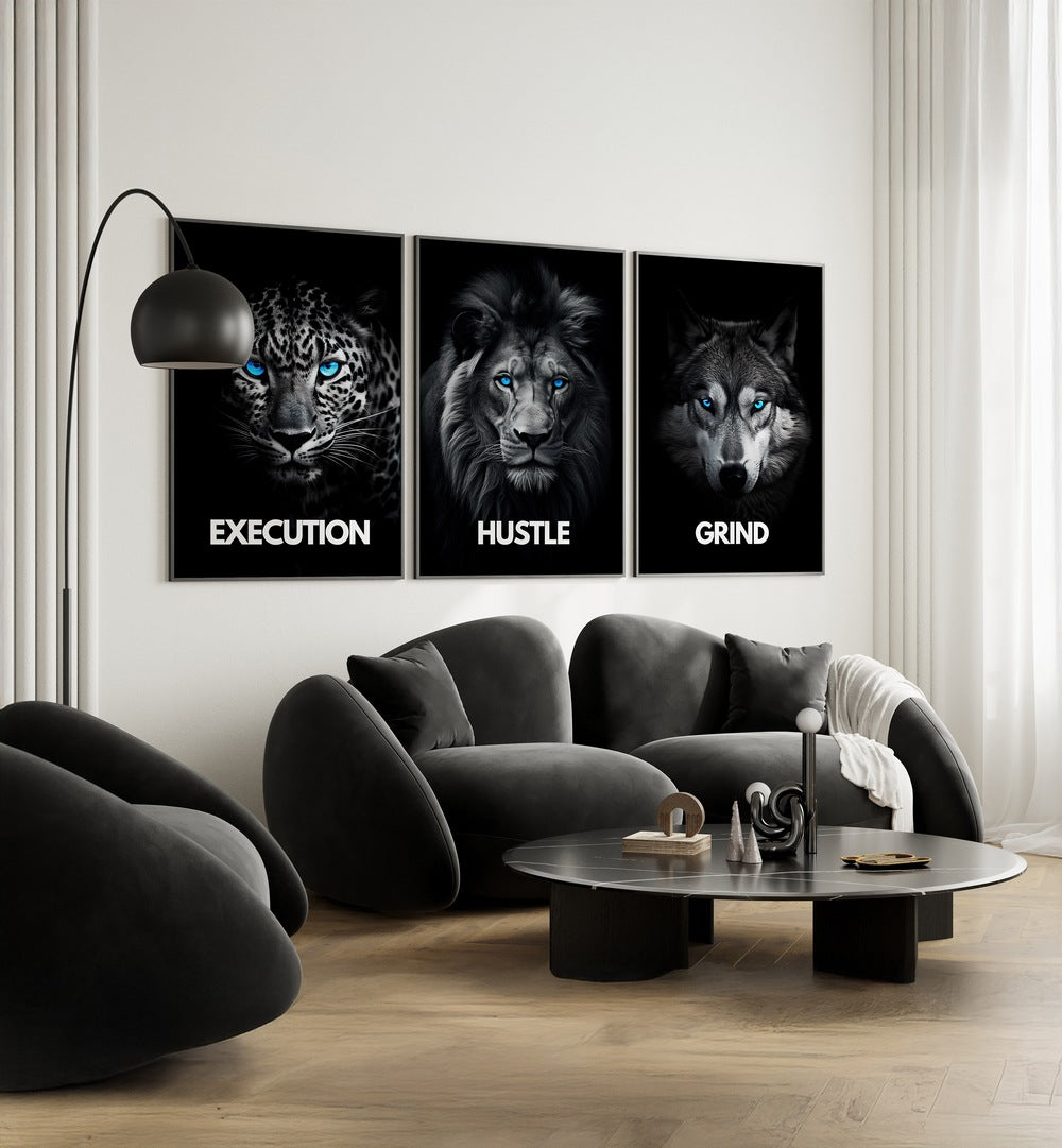 Transform your space with the HUSTLE SET, SET OF 3 PAINTINGS, featuring themes of Execution, Hustle, and Grind.
