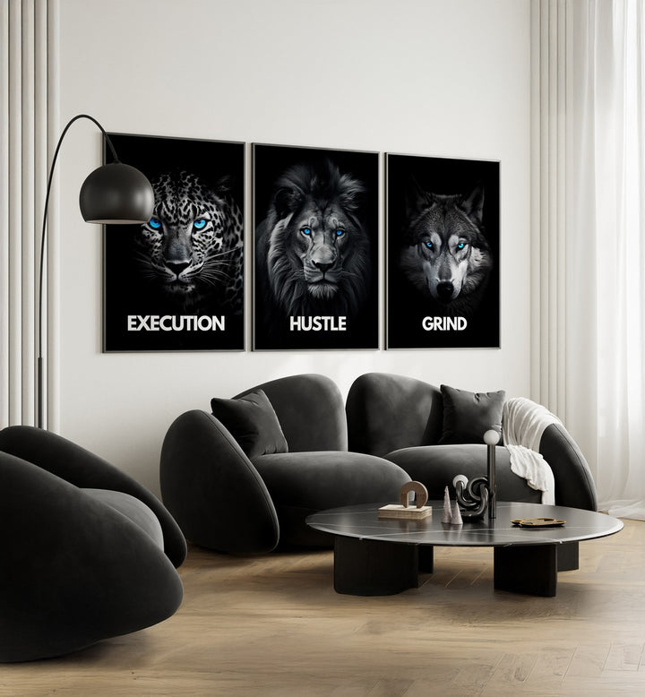 Transform your space with the HUSTLE SET, SET OF 3 PAINTINGS, featuring themes of Execution, Hustle, and Grind.