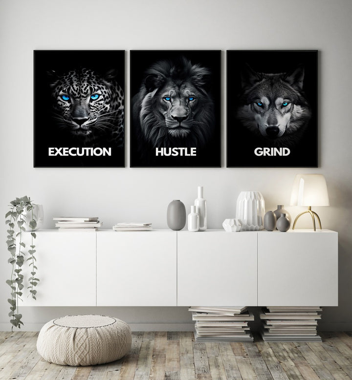 HUSTLE SET, SET OF 3 PAINTINGS featuring bold themes of Execution, Hustle, and Grind to inspire your space.