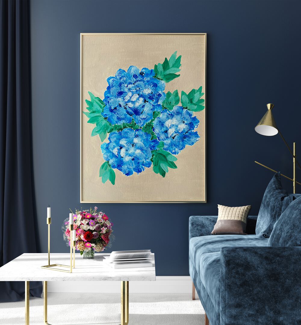 Stunning HYDRANGEA, FLORAL FLOWER PAINTINGS adding elegance to your living space with vibrant blue blossoms and lush greenery.