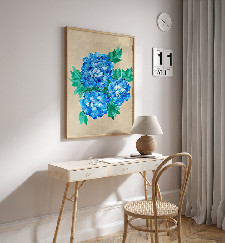 Bright blue hydrangeas in elegant floral flower paintings to enhance your space with nature-inspired beauty.