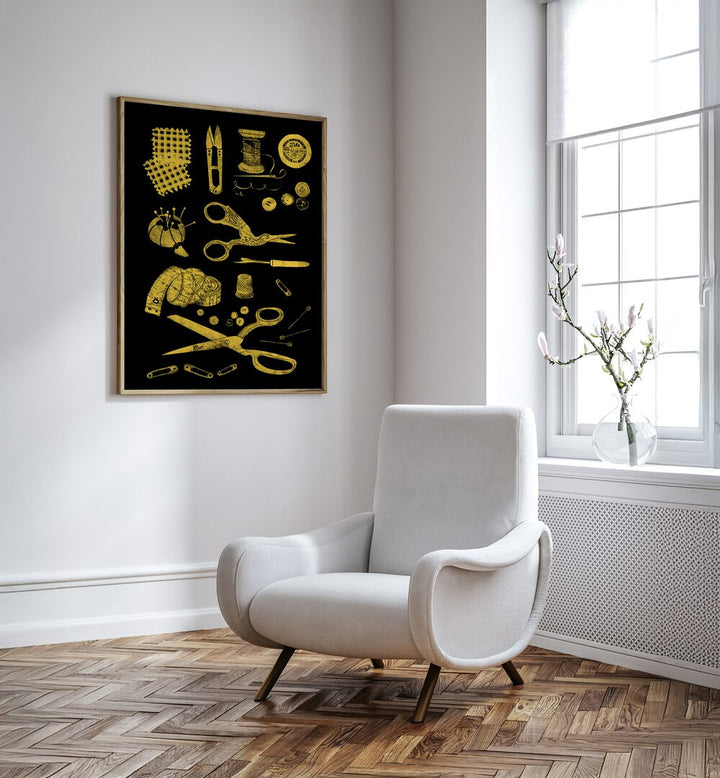 Stylish HABERDASHERY BLACK AND GOLD, FASHION POSTERS featuring sewing tools, perfect for fashion lovers' decor.