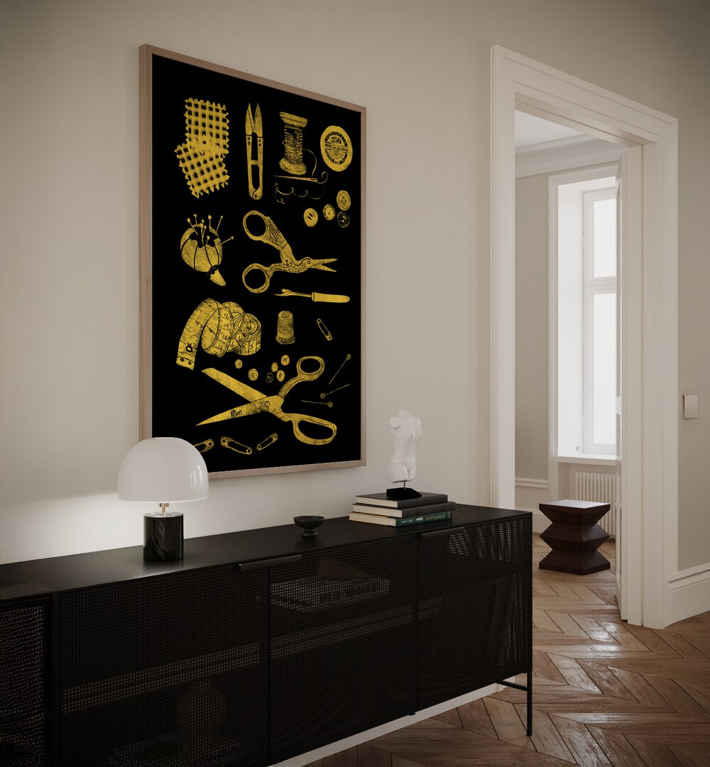 Stylish HABERDASHERY BLACK AND GOLD, FASHION POSTERS showcasing sewing tools, perfect for fashion enthusiasts.