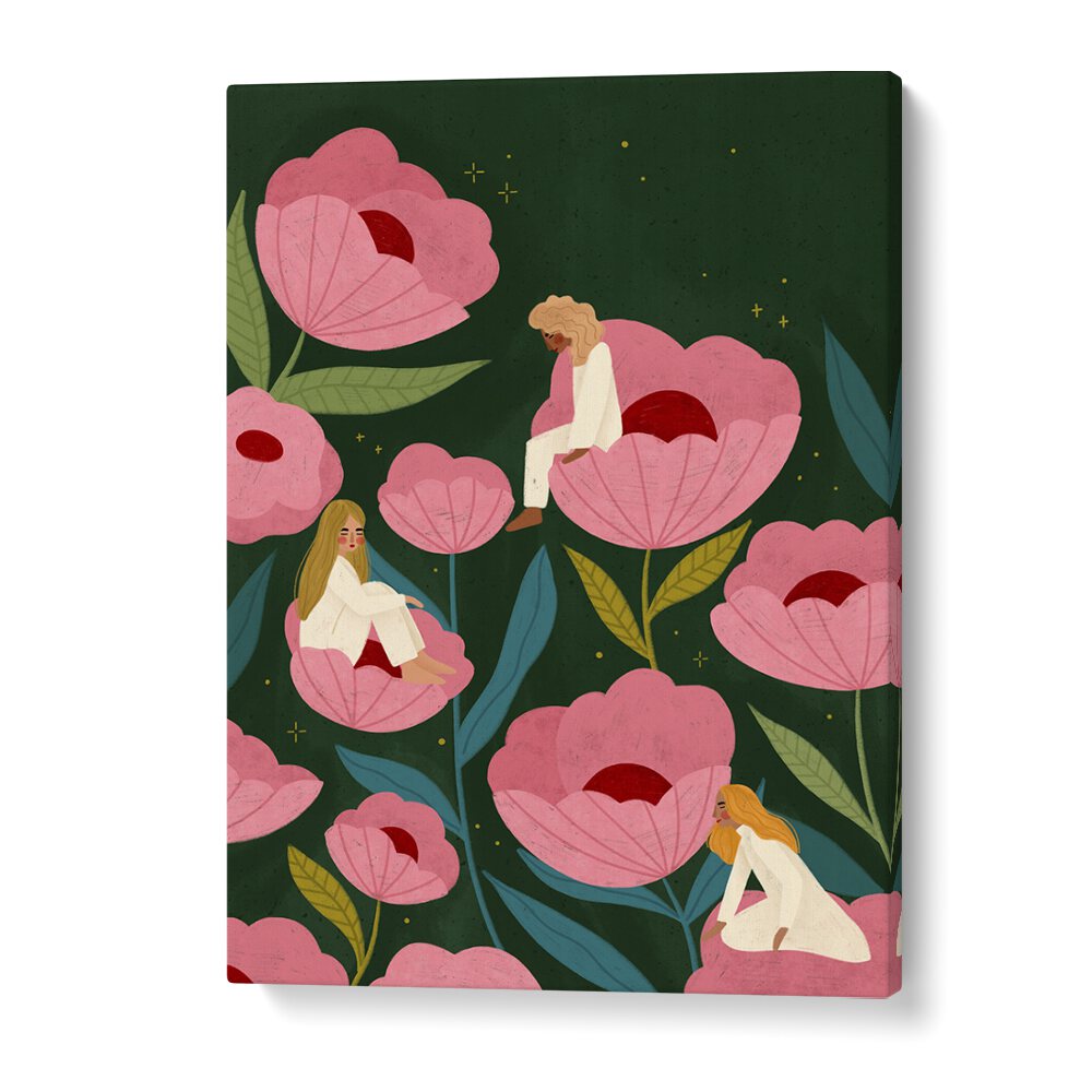 Women in HABITAT, PORTRAITS by Bea Muller, surrounded by vibrant flowers, celebrate femininity and artistic emotion.