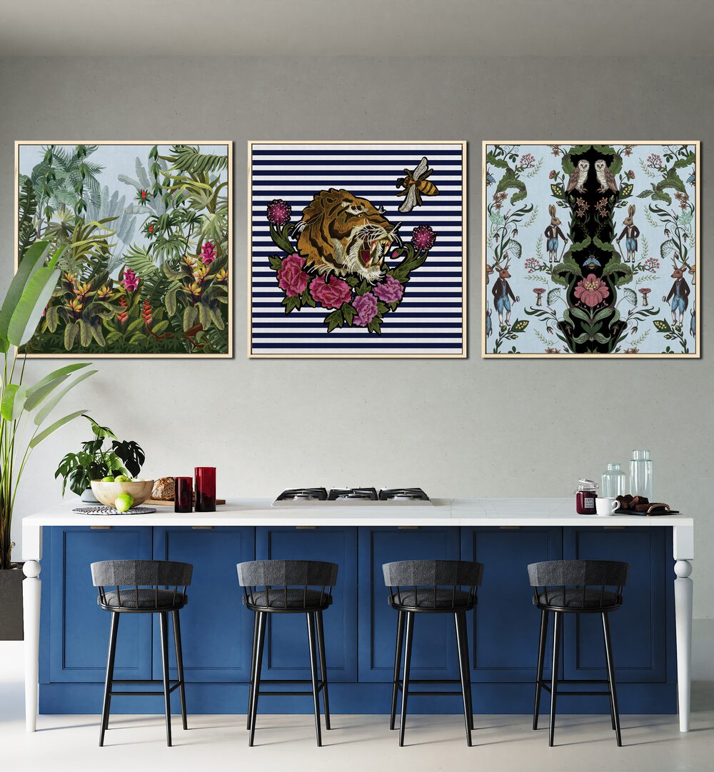 Brighten your home with the HAKUNA MATATA SET, SET OF 3 PAINTINGS, showcasing vibrant, framed art prints.