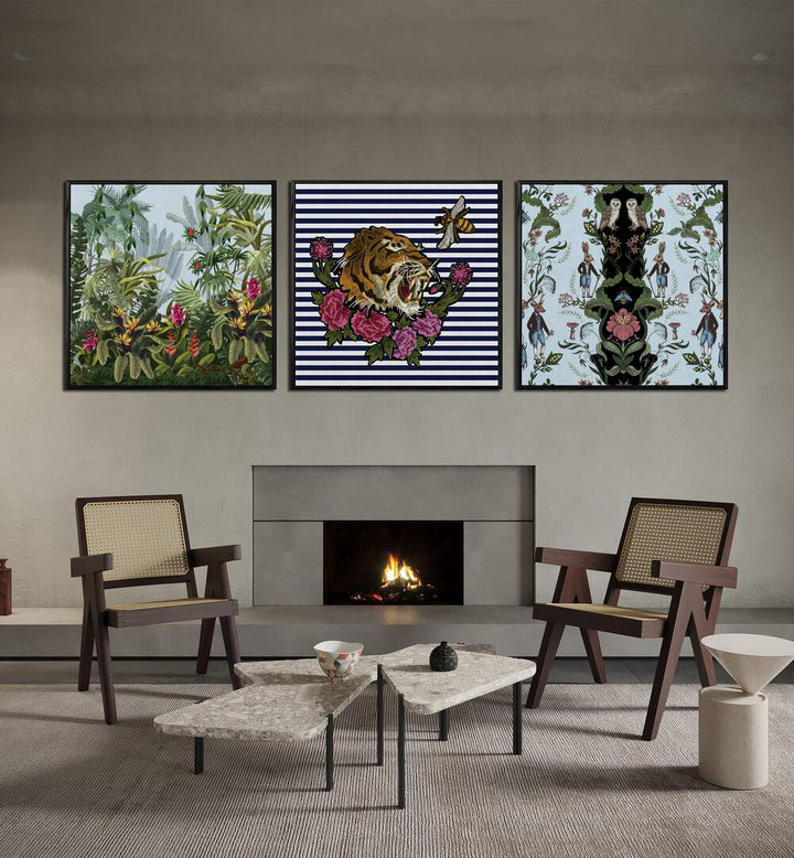 Colorful HAKUNA MATATA SET, SET OF 3 PAINTINGS enhancing a modern living space with vibrant art. Perfect for home decor.