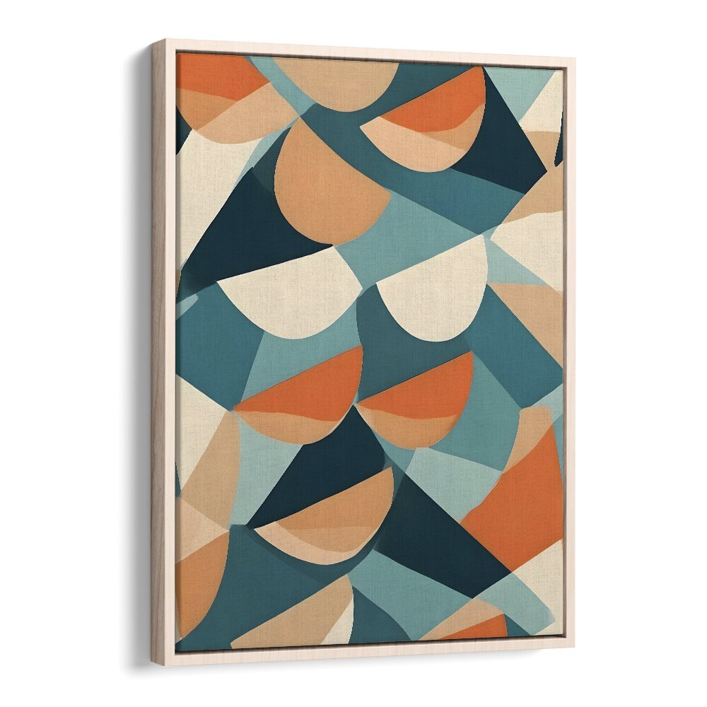 Colorful geometric shapes in the HALF CUT, ABSTRACT PAINTINGS by Uma Gokhale elevate modern decor beautifully.