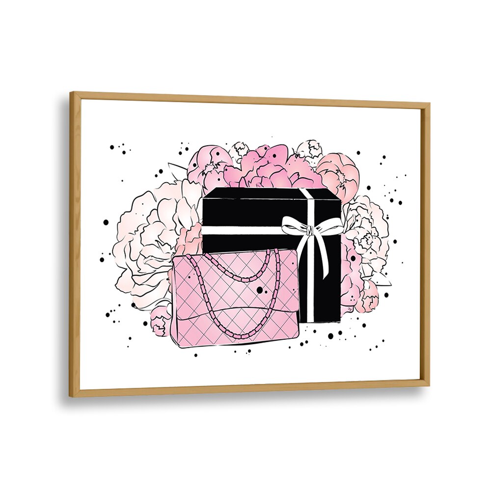 Elegant HANDBAG PEONIES, FASHION POSTERS by Martina, featuring chic designs and floral artistry in a wooden frame.